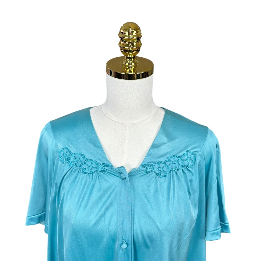 Vanity Fair Turquoise Blue Embroidered Silky Nylon Bed Jacket Short Sleeve L - Picture 2 of 6